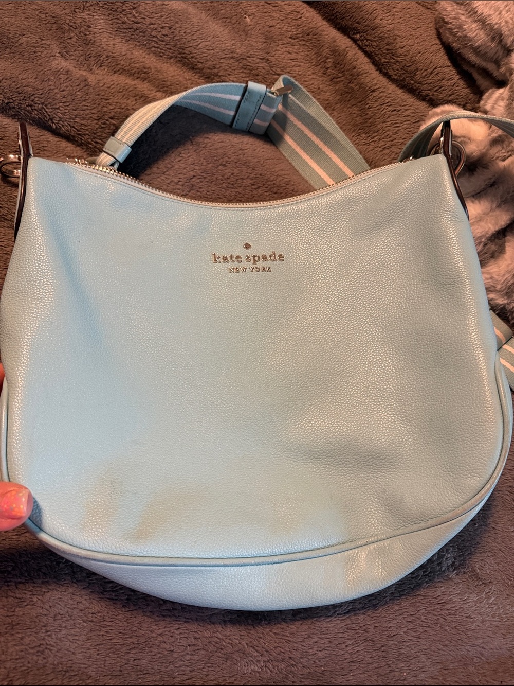 kate spade Light Blue Leather Hobo Shoulder Bag with Striped Strap